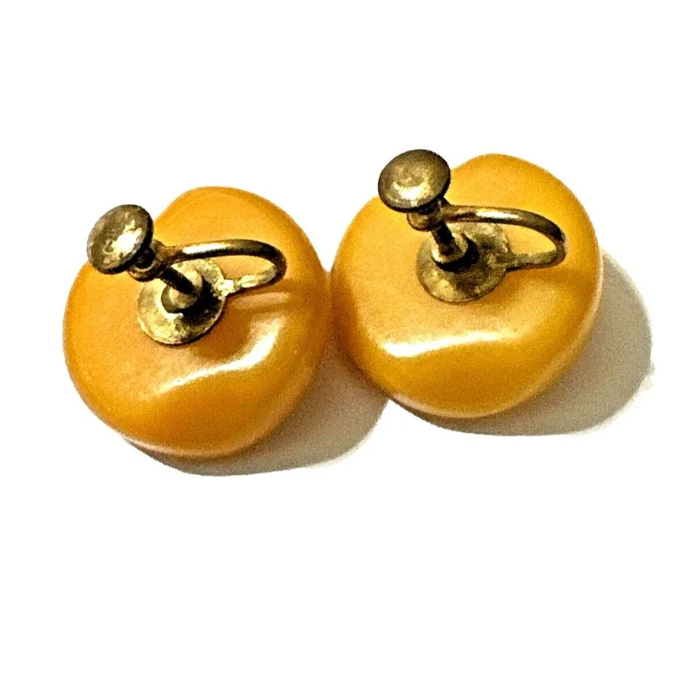 Vintage Bakelite Earrings Butterscotch Yellow Button Screw Back Mid Century 1”